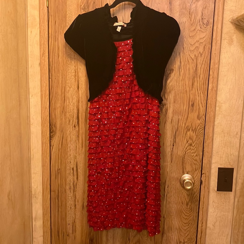 Beautiful black velvet and red ruffled dress